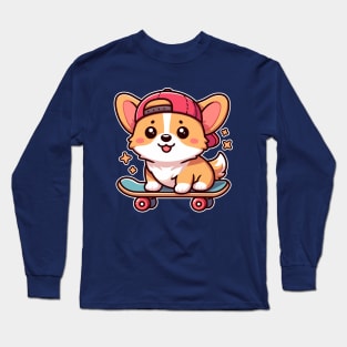 Kawaii Corgi Puppy on Skateboard Cute Dog Lover Long Sleeve T-Shirt